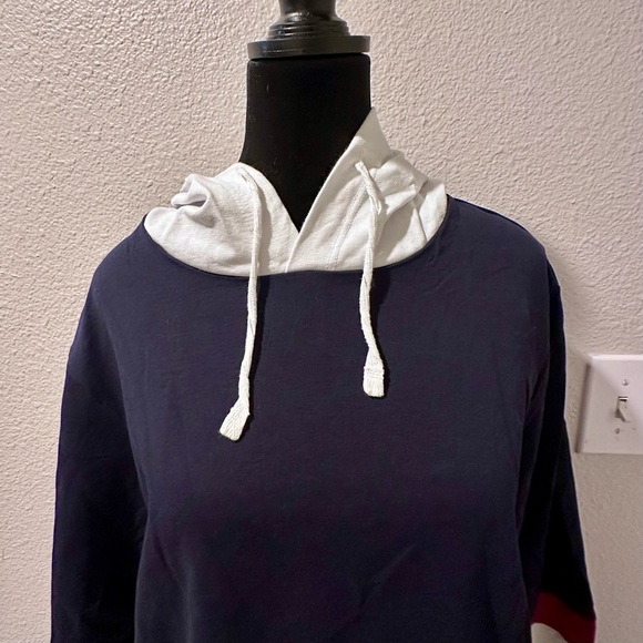 NWOT Navy Blue Long Sleeve Hoodie with Red/White Stripes on the Arms - Picture 2 of 4